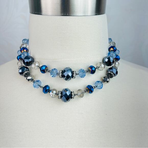 Trifari Jewelry - Trifari blue clear beaded 2 strand necklace choker